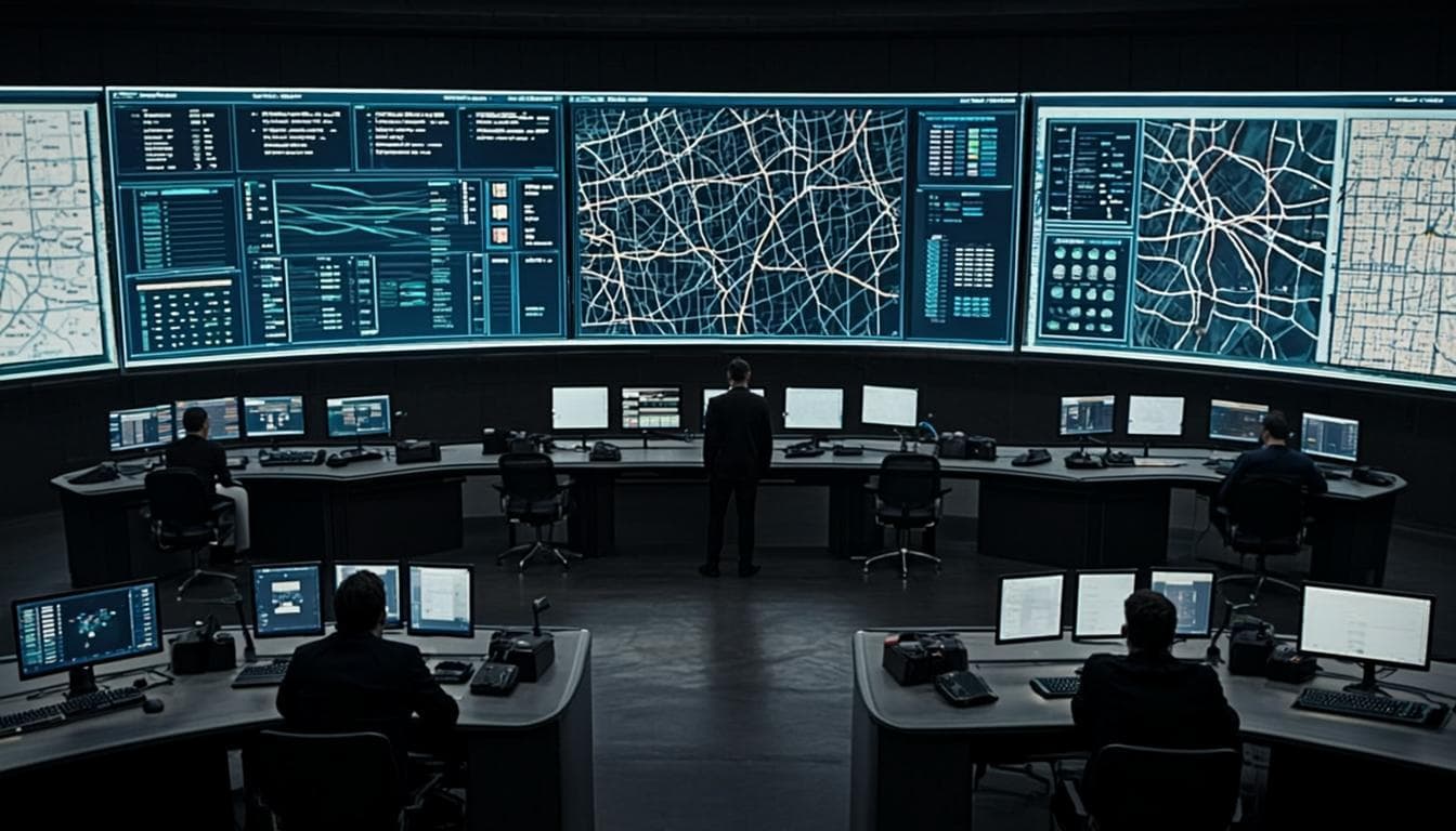Logistics control room with route maps showing freight corridors on screens