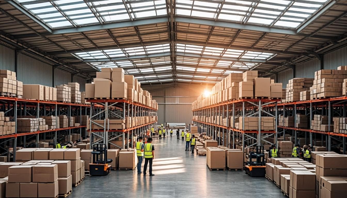 Eco-friendly warehouse interior — racked cargo beneath solar skylights, staff in hi-vis vests coordinating freight