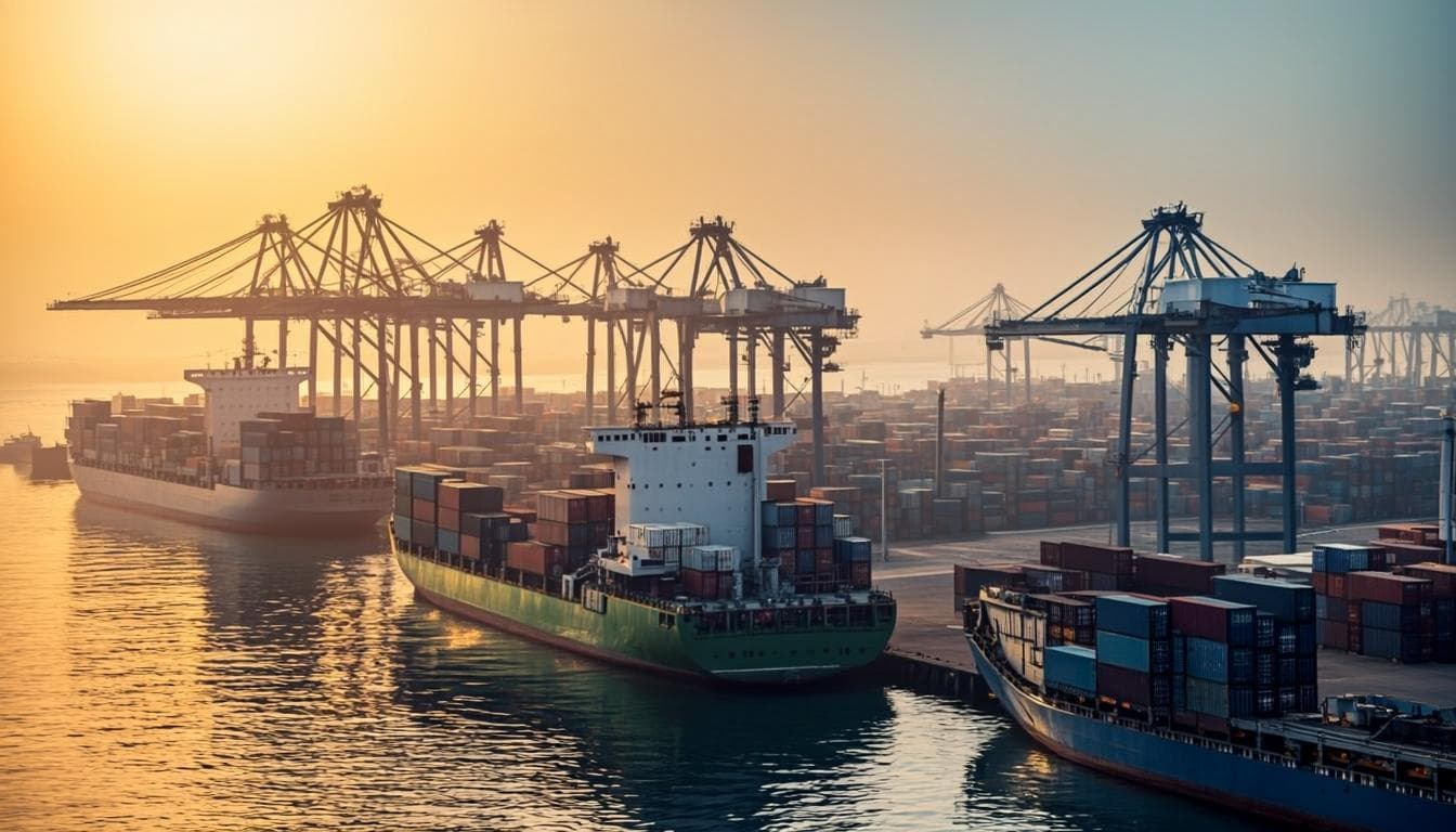 Container ship and cranes at a modern port terminal at dawn