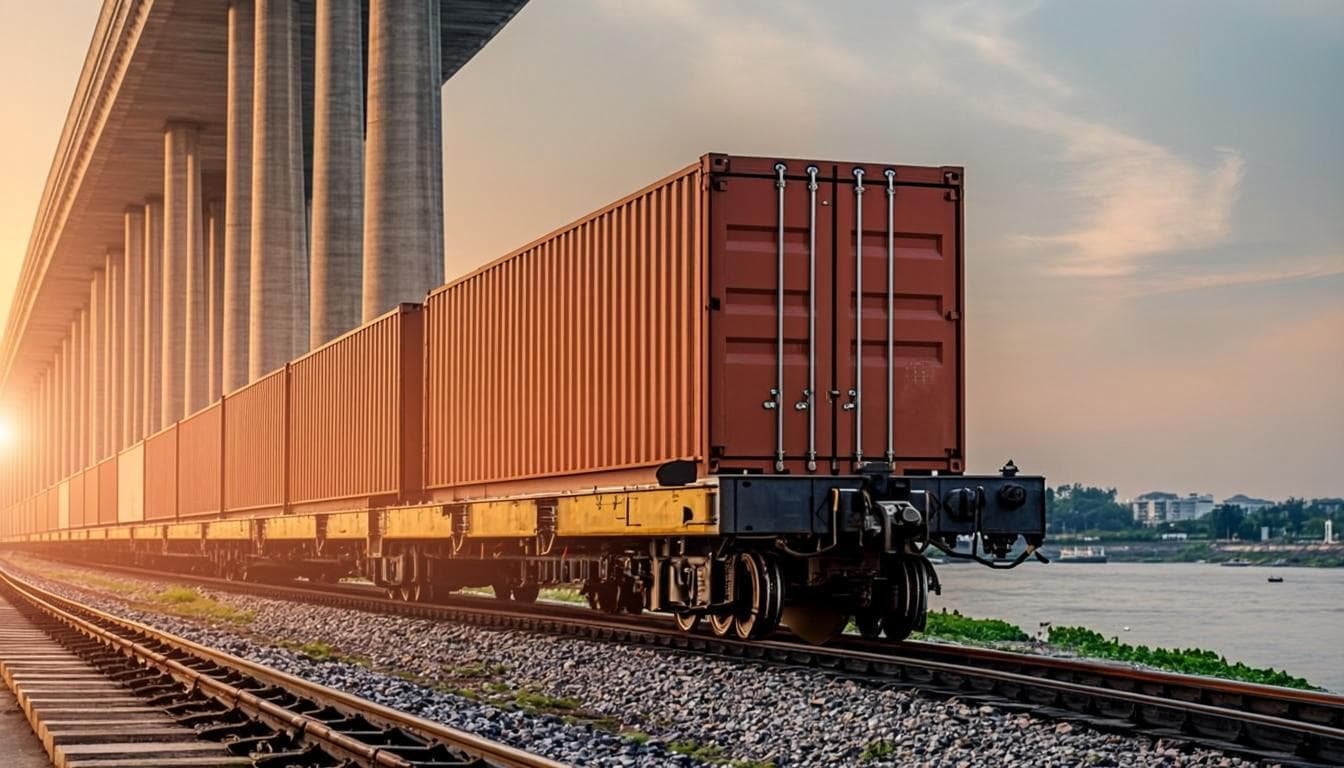Modern freight train carrying containers across a bridge in India