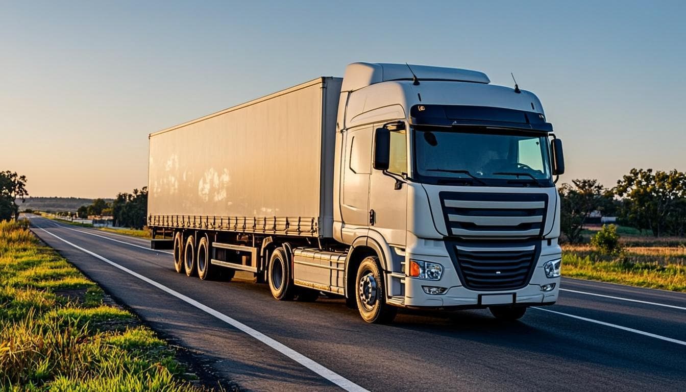 Contemporary electric truck driving on an Indian expressway at golden hour
